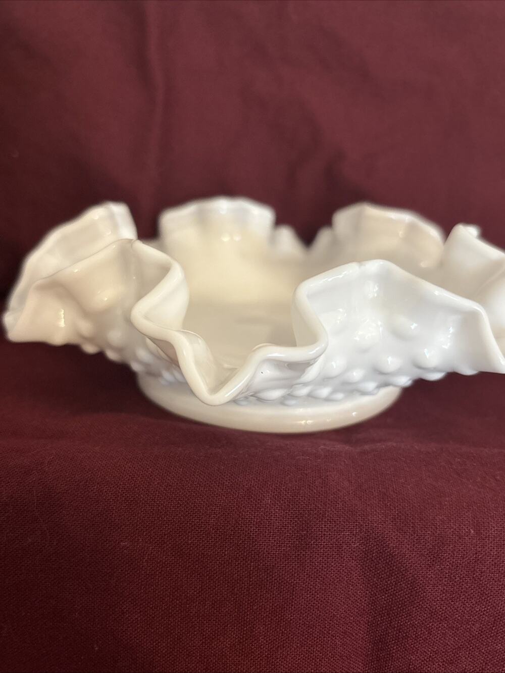 Vintage Fenton Hobnail White Milk Glass Ruffled Candy Dish